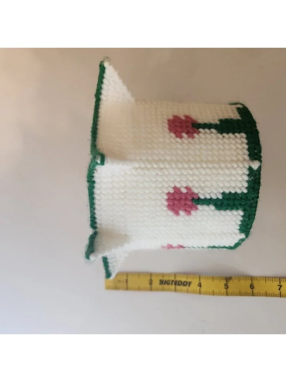 Vintage Handmade Plastic Canvas Floral Tulip Planter Cover White Green Pink Star